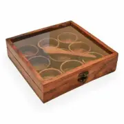 Wooden Spice Masala Box With 9 Round Compartments With Spoon Handmade