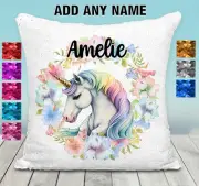 Unicorn Cushion Cover Sequin Throw Pillow Flip Sequin Personalised Floral Wreath