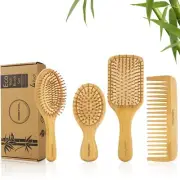 Hair Brush Set Natural Bamboo - Wide-Tooth Paddle Detangling Brush and Tail Com