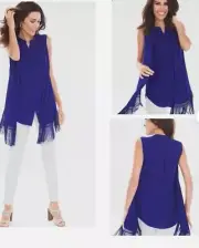 Chico’s Blue Sleeveless Fringe Top Size 2 Large NWT New Tunic