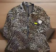 Ali Miles Top Leopard Print Suede Velvet Details Button Front Blouse Petite Sz M