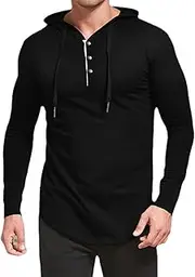 [YONGBAO] Mens Hooded Shirt - Long Sleeve Lightweight Sports Hooded Shirt,Casual Solid Long Sleeve Hooded Shirt Top with Drawstring Hoodie, Button Neck and Front Placket for Men Fitness