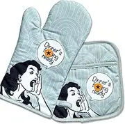Double Trouble Inc - Funny Oven Mitt and Pot Holder Set - Oven Glove - Kitchen Glove - Pot Stand - (Dinner's Ready)