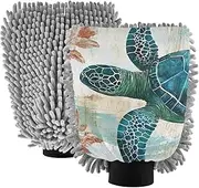 XYMZR Sea Turtle Vintage Absorbent Microfiber Car Wash Mitt, Funny Cute Anime Scratch Free for Cars Cleaning, Home Cleaning Mitts, 2 Pack, 10.24” L x 7.09” W