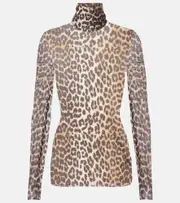 [Ganni] Ganni Leopard-print mesh turtleneck top AU 6 brown