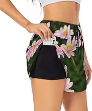 [GaxfjRu] Pink White Gold Flowers Print Women's Running Shorts High Waisted Running Shorts Pocket Sporty Gym Elastic Short