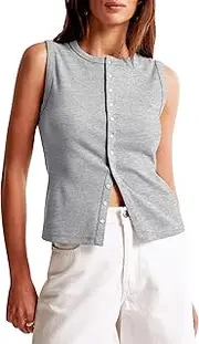 [Cioatin] Women Ribbed Button Down Tank Tops Sleeveless Crew Neck Slim Fit Open Front Crop Vest Going Out Y2K Clothes