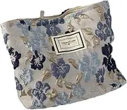 Floral Makeup Bag Embroidered Flower Large Capacity Cosmetic Bag 10x7x2 Aesthetic Quilted Zippered Soft Polyester Makeup for Women Home, Travel Floral