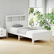 Artiss Single Bed Frame Platform Wooden Timber Frames with Bookshelf Beds Base Bedroom Room Decor Home Furniture White for Kids, Toddler and Adult, Modern Design