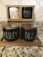Rae Dunn Black THYME BASIL PARSLEY DILL Herb SALT PEPPER Cellars wood Lid Tray