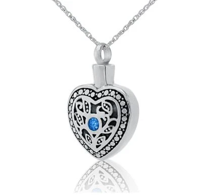 Blue Crystal in Heart Stainless Steel Pendant/Necklace Cremation Urn for Ashes