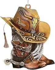 Car Rear View Mirror Cowboy Boots and Hats Pendant, Brown Cowboy Boots and Hats Flat Acrylic Car Hanging Ornament Charm Auto Interior Rearview Decor Car Rear View Mirror Pendant