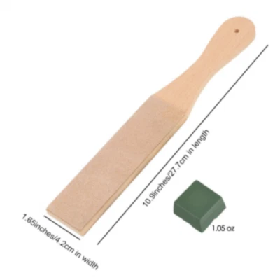1Pcs Leather Sharpening Wood Handle Strop Tool Double Sided + Polish Compound