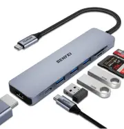USB C Hub 7 in 1 Adapter w/ HDMI 4K@60Hz, 100W PD Charging, 3 USB3.0 SD/TF Card