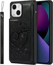 [Cavor] for iPhone 13 Wallet Case PU Leather TPU Back Cover Flip Magnetic Clasp Heart Flower Butterfly Shockproof Cases Lanyard Card Slots Holder Kickstand for iPhone 13 6.1''-Heart Flower Black