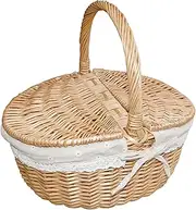 Handmade Wicker Basket With Handle,Woven Hamper Storage,Wicker Camping Picnic Basket With Double Lids,Portable Shopping Storage Hamper Basket With Cloth Lining(White 1,Small)