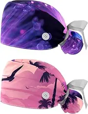 [YTYVAGT] 2-Pc,Nurse Scrub Caps,Scrub Hats with Buttons and Cotton Sweatband,Purple Light Lines