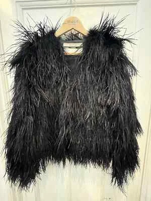 TOPSHOP UK SIZE 8-10 OSTRICH FEATHER BLACK JACKET MARABOU FUR COAT EUR 38 US 6