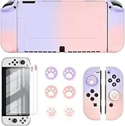 DLseego Switch OLED Protective Case Dockable Hard Shell Anti-Scratch Cover Joycon Accessory Skin with 6PCS Thumb Grips Caps and 2Pc Screen Protectors - Gradient Pink and Purple