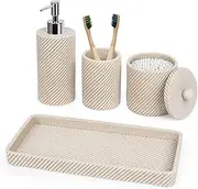LeucSuiok Bathroom Accessories Set 4Pcs-Lotion Soap Dispenser,Toothbrush Holder,Qtip Holder Dispenser,Vanity Tray for Decor Countertop,Vanity Organizer-Beige CYZ-T3
