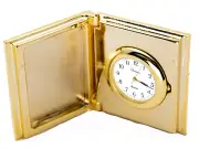 PREMAX:GOLD TONE PICTURE FRAME COLLECTABLE ANALOG QUARTZ MINI-CLOCK