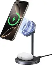 UGREEN MagFlow Qi2 Wireless Charger, 15W 2-in-1 Magsafe Charging Stand, Magnetic Station with 1M USB-C Cable for iPhone 16/15/14/13/12 Series and AirPods 4/3/2/Pro (No AC Adapter)