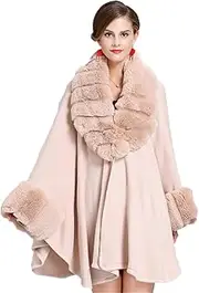 [HEYDHSDC] Cloak Knitted Out Coat Women Big Faux Fox Fur Trim Collar Loose Long Sleeves Poncho
