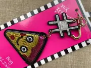 Betsey Johnson Key Chain Pizza Slice Multi Color Sequin Smiley Face Keys Holder