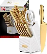 Marco Almond® Gold Knife Set, Knife Block Set MA21,Titanium Coated 14 Pieces Stainless Steel Chef Gold Kitchen Knife Sets with White Block