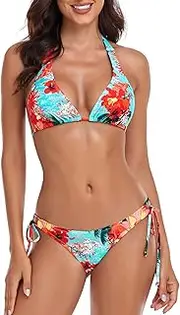 [RELLECIGA] Women's Triangle Bikini Sets for Women Halter String Bikini top with Tie Side Bikini Bottom