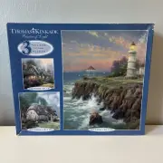 NEW Thomas Kinkade Deluxe 3 Puzzle Set Painter Of Light Sealed 2008 Lighthouse