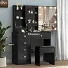 Vanity Table Set With LED 3 Color Lights Mirror Stool Black Dressing Table Desk