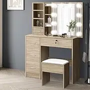 ALFORDSON Dressing Table Stool Set Makeup Vanity Desk with 10 Adjustable LED Light Bulbs & Sliding Mirror, Jewellery Vanity Table Organiser with Storage Drawer Shelves for Bedroom Dressing Room, Oak