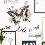 Personalized Black Butterfly Wall Stickers, sacinora DIY Butterflies Art Wall Decals Life is Beautiful Removable Vinyl Peel and Stick Home Decorative Accessories for Living Room Bedroom Nursery