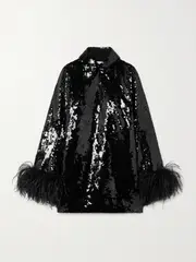 [16ARLINGTON] 16ARLINGTON - Michelle Feather-trimmed Sequined Crepe Mini Dress - Black - UK 10 UK 10 Black