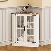 Dystler Farmhouse Corner Cabinet with LED Light, Small Bathroom Cabinet with 2 Doors, Free Standing Home Floor Corner Storage Cabinet for Laundry Room, Living Room, Bedroom or Kitchen, White