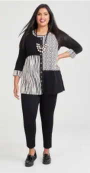 Taking Shape TS14 Splice Jacquard Snug Tunic Black/Ecru Size 20 BNWT