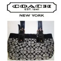 在飛比找Yahoo!奇摩拍賣優惠-近新 COACH 黑色LOGO緹花布 皮革 肩背包 側背包 