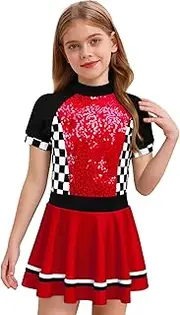 [RUNQHUI] Girls Race Car Driver Jumpsuit Racer Dress Sequins Checkerboard Patchwork Short Sleeve Mini Dress