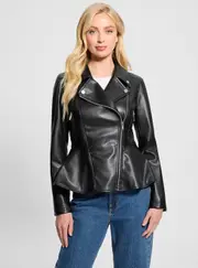 GUESS Women's Black Ivy Peplum Moto Jacket Size: Large