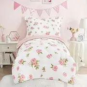 Cozyholy 4 Piece Pink Floral Toddler Bedding Set Cute Girls Toddler Comforter Set Leaves Print Bed Sheets Set Crib Bedding Set Bed in a Bag, Include Comforter, Flat Sheet, Fitted Sheet, Pillowcase