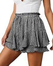 [BUNSLOOM] Women's Short Boho Lightweight Summer Skirt Wide Shorts Double Layer Ruffle Chiffon Skirt Holiday Flowers Mini Skirt Shorts, black, XL