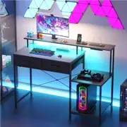 Advwin Gaming Desk with LED Lights & Power Outlets Reversible Printer Storage Shelf Computer Desk with Drawers & Monitor Shelf Black
