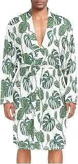 [ZZXXB] Tropical Palm Leaf Print Mens Sleepwear Robe Lightweight Nightgown Long Sleeves Spa Bathrobe with Pockets M-XL