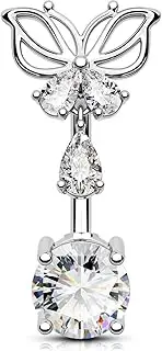 [OUFER] 14G Reverse Belly Button Bars Belly Piercing Jewellery Surgical Steel CZ Dangle Navel Rings 12mm Silver Barbell for Women Gift