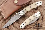 HUNTEX Handmade Damascus Blade, Camel Bone Handle, Hunting Sticker Pocket Knife