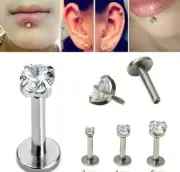 PAIR 16G 6-10MM PRONG SET 2MM CZ INTERNALLY THREADED LABRET STUD TRAGUS RING