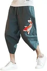 [Parise] Men's Personlaity Goldfish Graphic Harem Capri Pants Baggy Linen Comfy Lightweight Hippie Cropped Trousers with Pocket