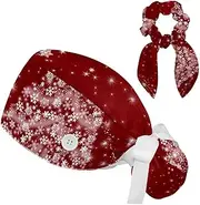[FVQL] 2 Pieces Nursing Caps for Women, Ponytail Scrub Cap with Hair Scrunchies, Christmas Tree and Floral Snowflake