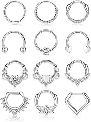 [Kakonia] 12Pcs Septum Piercing Jewellery Surgical Steel 16G Nose Rings for Women Girls Clicker Hinged Septum Ring Set Daith Helix Tragus Hoop Earrings Lip Nose Piercing Jewellery 8/10mm